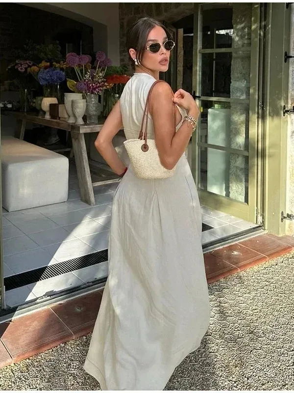 2025, gedrapeerde lange jurken voor dames, mouwloze maxi-jurk met rits, dames, zomervakantie, damesjurken, ruches, feestjurk, vrouwelijk L42T