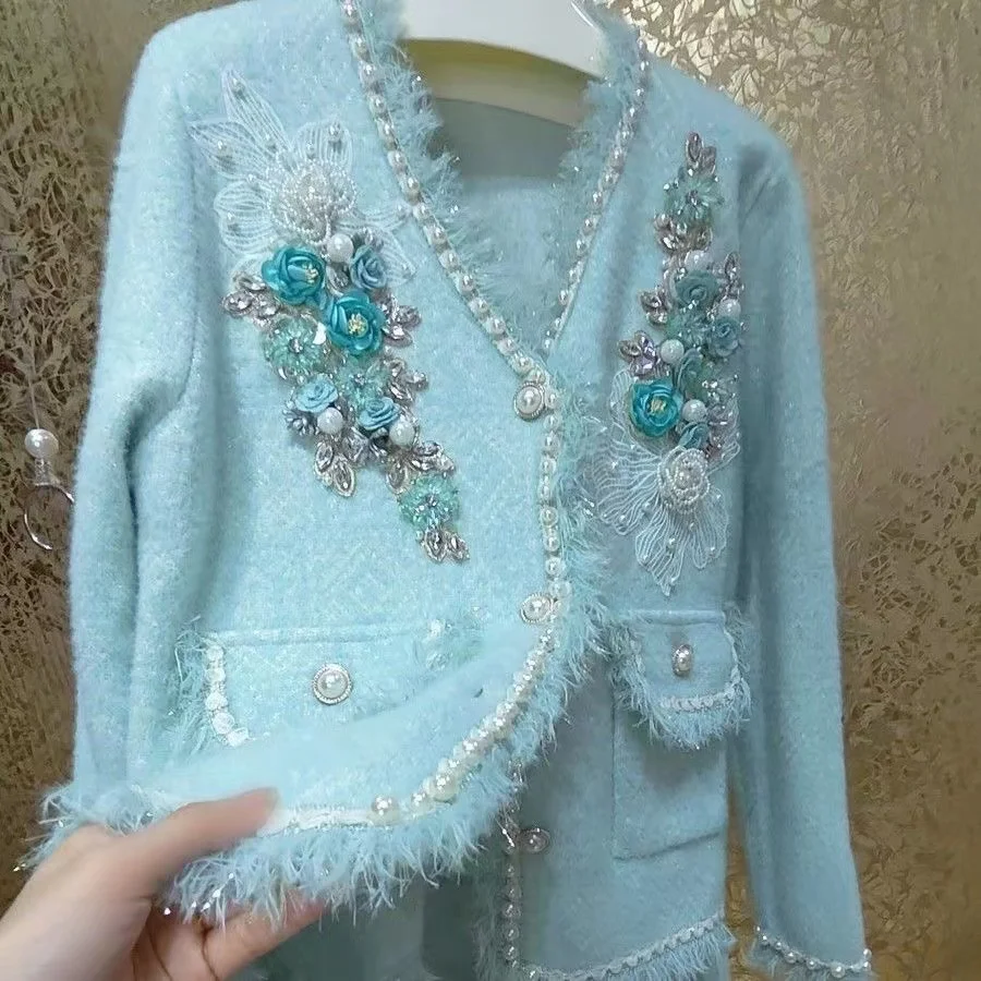 Luxury Style Pearls Beaded Flower Stitch Knitwear Faux Fur Cardigan Coat For Women V-neck Loose Casual Sweater Outwear Jacket