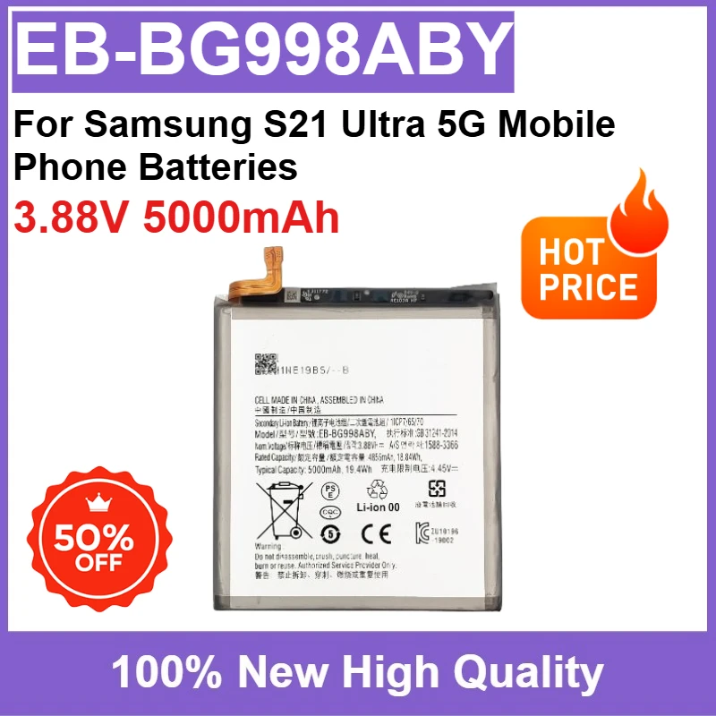

New Replaceable Battery EB-BG998ABY 3.88V 5000mAh High Quality for Samsung S21 Ultra 5G Mobile Phone Batteries