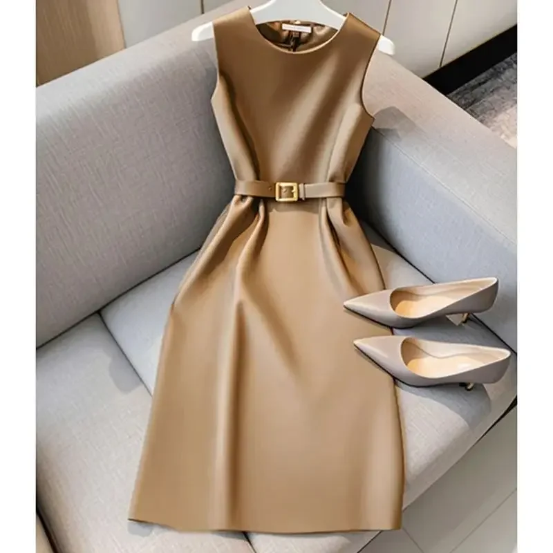 New French Luxury Summer Dress Women Elegant Sleeveless High Waist Satin Formal Dress Fashion Party Vestidos with Belt High End