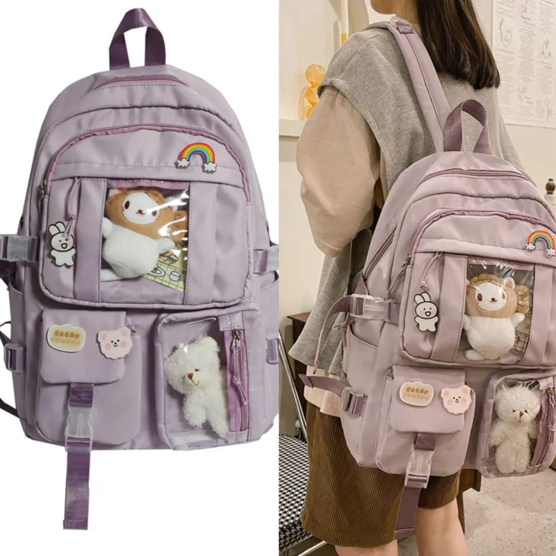 Sac à Dos avec Insigne d\'Ours en Peluche pour Fille, Style Coréen et Japonais, Chic, pour Lycéens, Grande Capacité