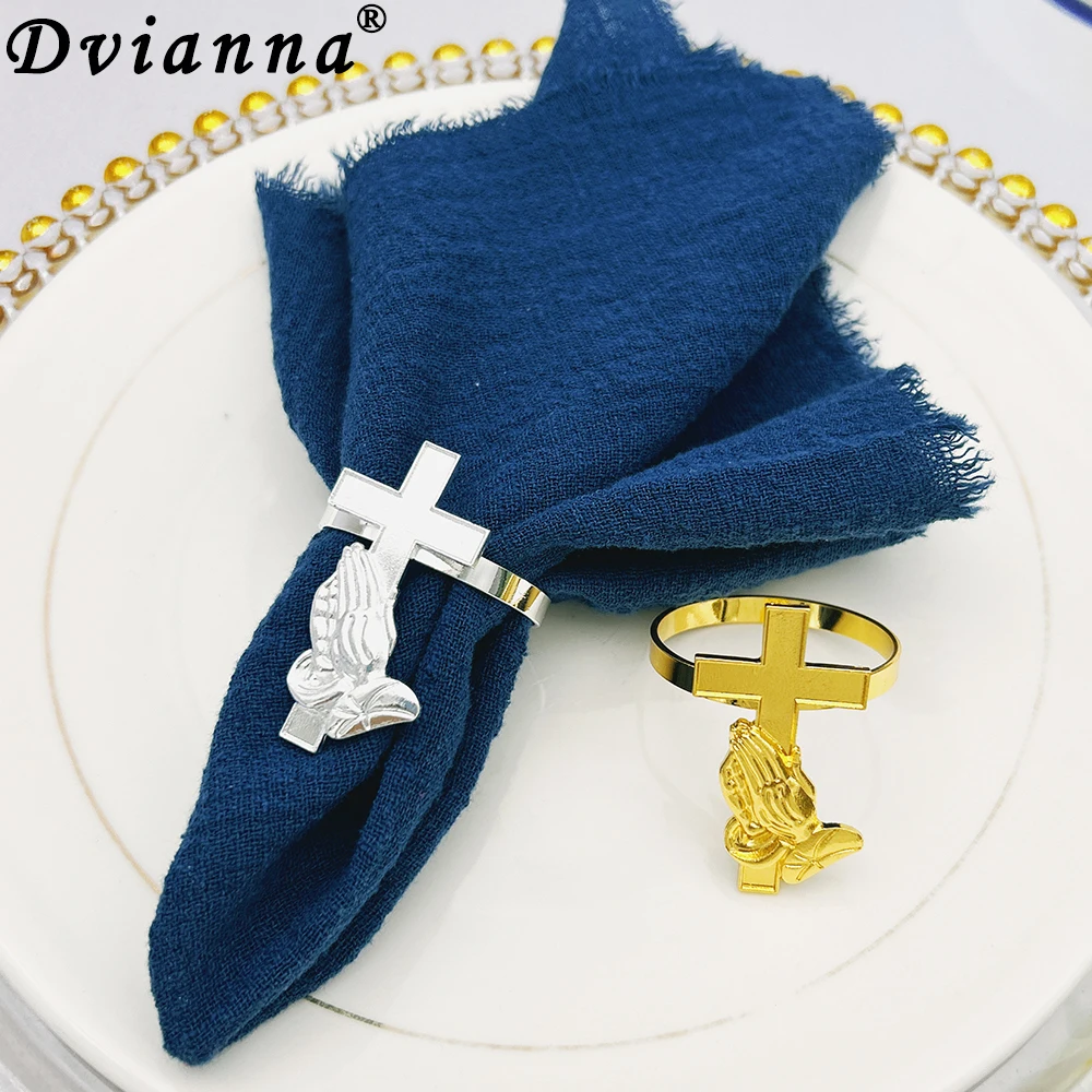 20Pcs Gold Praying Hands Napkin Rings Religious Cross Napkin Holder Metal Napkin Buckle for Christian Gift Table Decoration