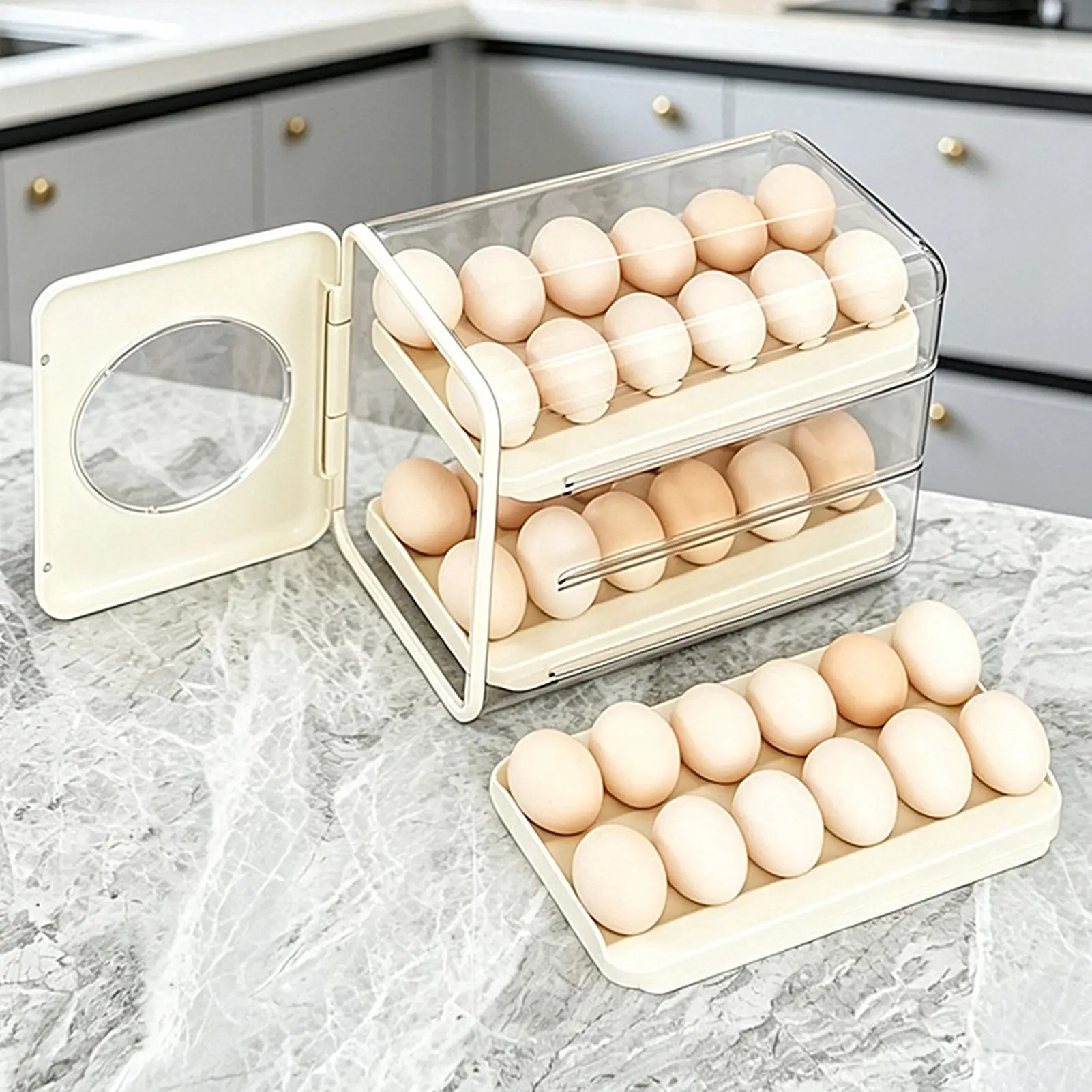 Rolling Egg Dispenser Clear Sloped Track Design Organizer Rack with Drawer Inner Automatic Sliding Fridge Egg Holder for Kitchen