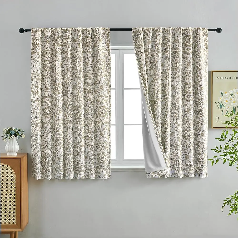 

Натуральные светонепроницаемые шторы-медальоны для спальни, длина 63 дюйма, 2 панели, термоизолированные, двухслойные, с принтом, из льняной ткани, черные