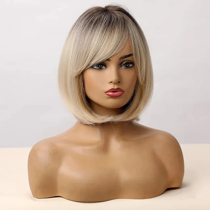 Haircube Natural Short Bob Lurus Omber Wig Coklat untuk Wanita dengan Poni