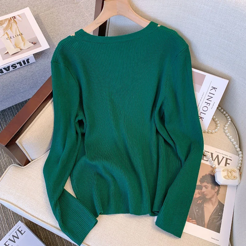 2022 Large Women's Clothing Autumn Winter Off Should V-neck Knitted Sweater Criss-cross L-4XL Oversize Simple Green Chic Jumpers