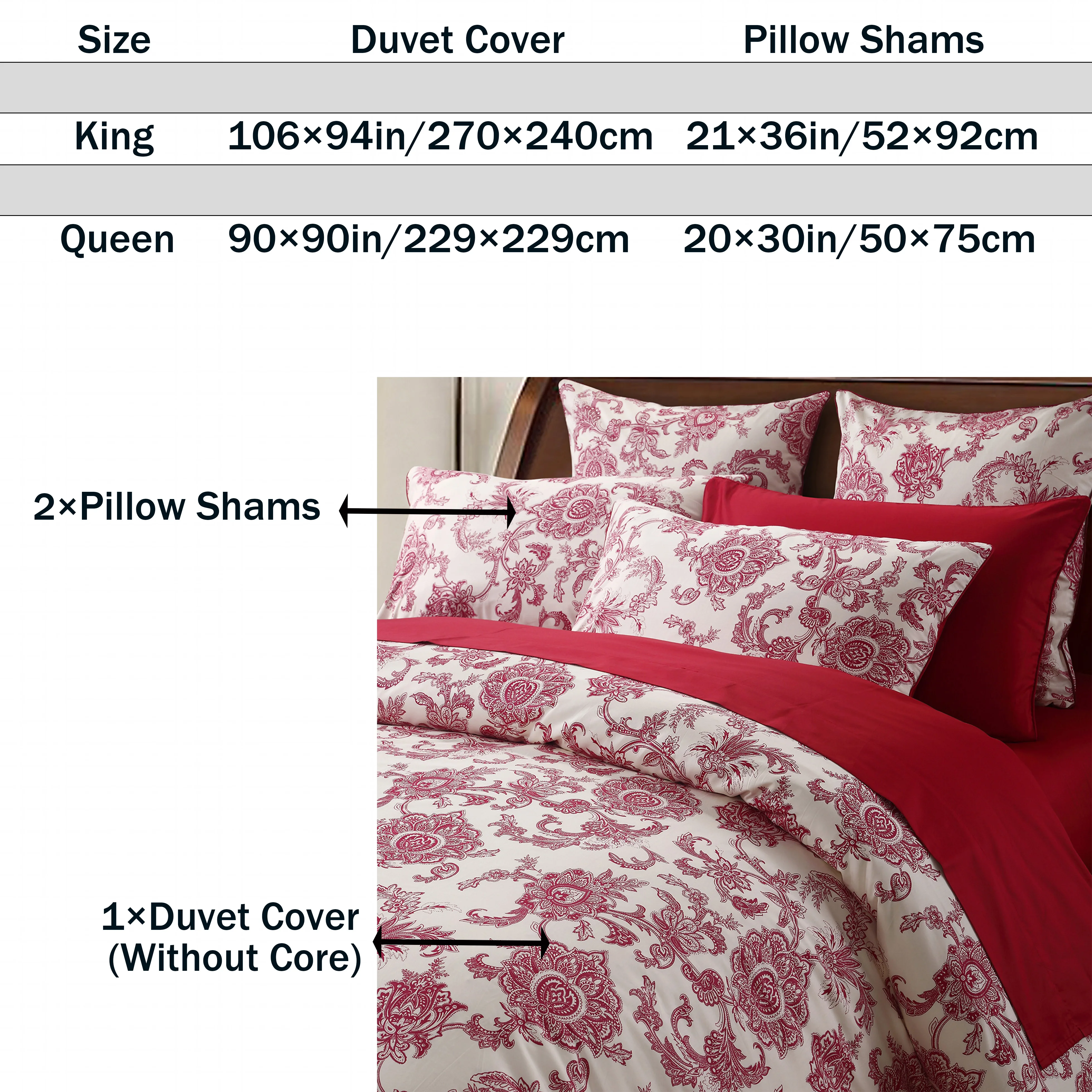 3pcs 600TC 100% Egyptian Cotton Duvet Cover Set, Vintage Red Floral Moire, Soft Breathable Skin-Friendly Bedding (No Inserts)