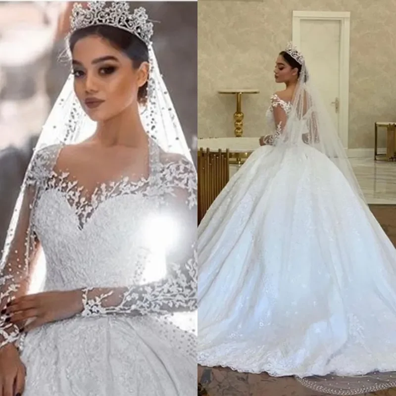 Customized Princess Ball Gown Wedding Dresses Long Sleeves Lace Appliques Beaded Gorgeous Bride Wedding Gowns Ivory Court Train