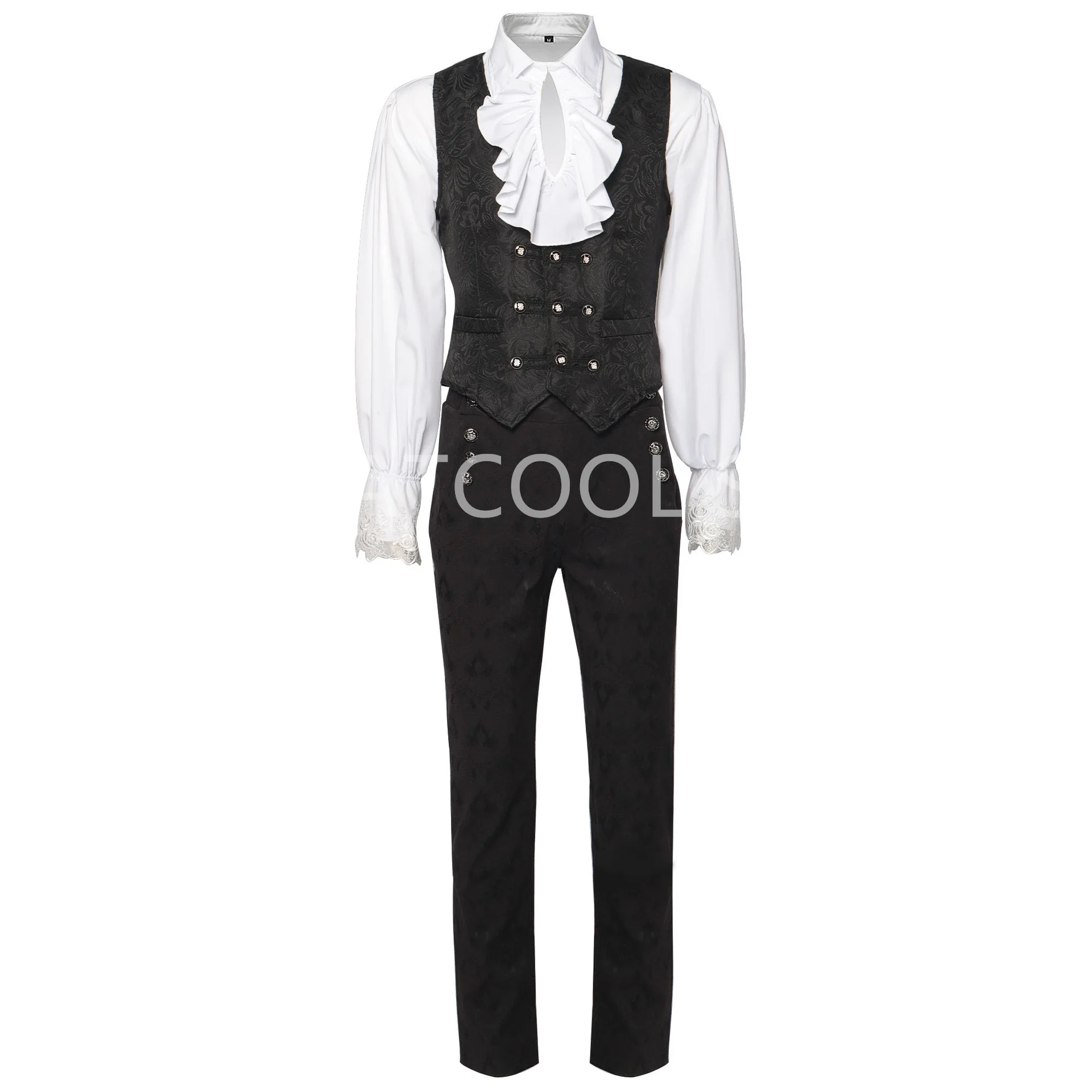 Men Steampunk Renaissance Prince Charming Cosplay Outfit Gothic Medieval Victorian Edwardian Shirt Vest Pants Frock Costume