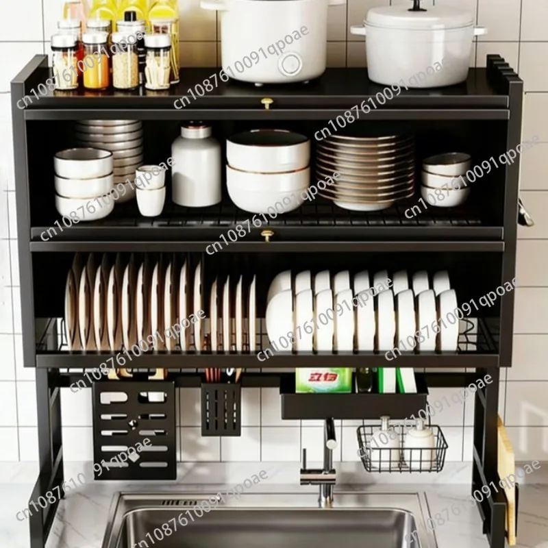 Over-the-Sink Dish Rack with Utensil Holder - Dustproof Carbon Steel Organizer for Plates/Bowls/Cutting Boards | Space Kitchen