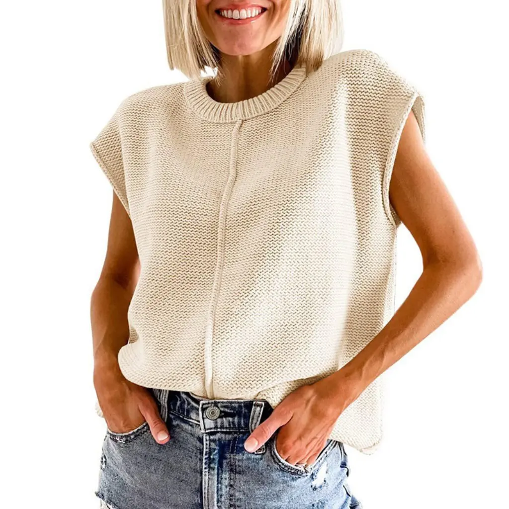 

Elegant Sleeveless Knitted Vest for Women Casual Loose Outer Wear European American Style Solid Color Knitted Top