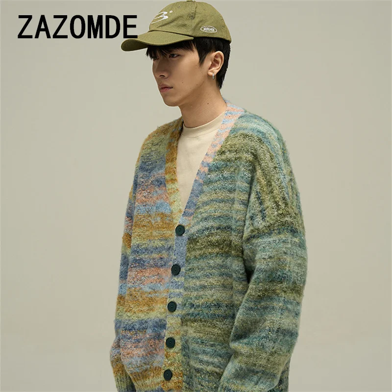 ZAZOMDE Retro Color Striped Sweater Jacket Man Oversize V-neck Single-breasted Casual Knit Cardigan Sweater Winter Outwear Coat