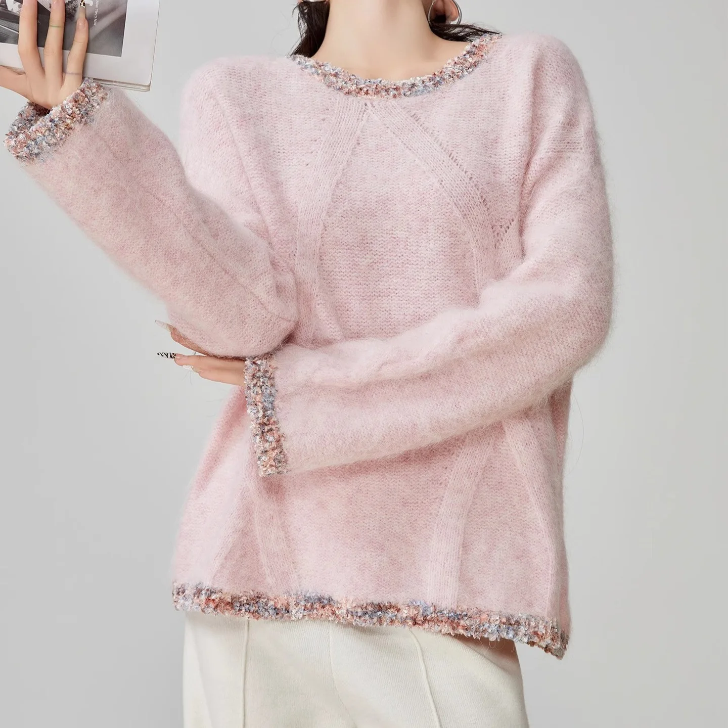 

Spring Autumn New Women's Clothing Xiaoxiangfeng Knitted Sweater Lazy Wind 2025 Pink Temperament Crew Neck Pullover Women's Top