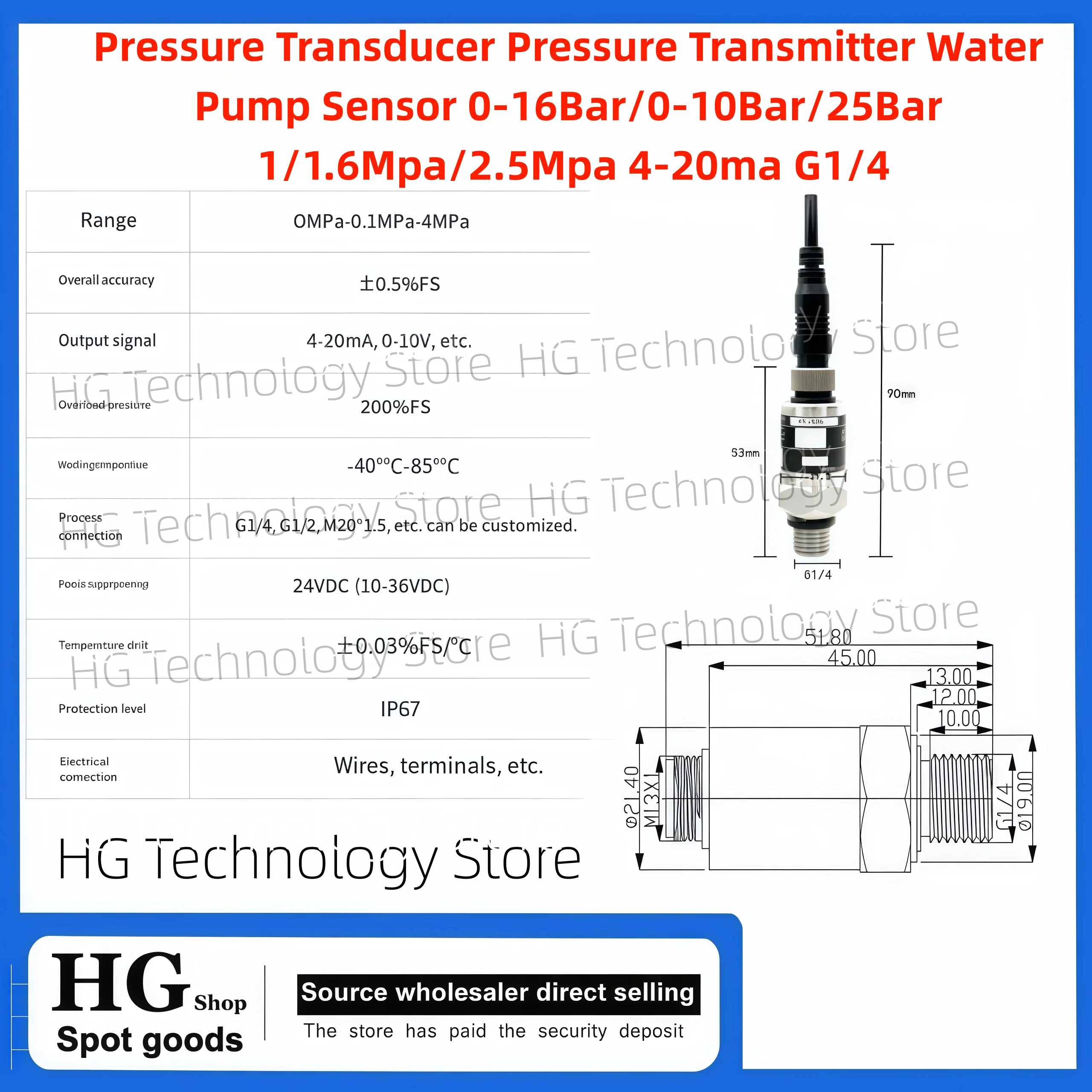 Original  Pressure Transducer Pressure Transmitter Water Pump Sensor 0-16Bar/0-10Bar/25Bar 1/1.6Mpa/2.5Mpa 4-20ma G1/4