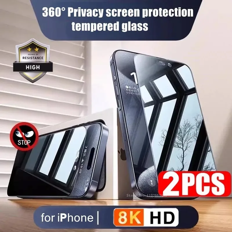 2PCS 360° Privacy Tempered Glass for iPhone 16 15 14 13 12 11 PRO MAx Anti-Spy Screen Protectors for iPhone X XR XS Max Glass