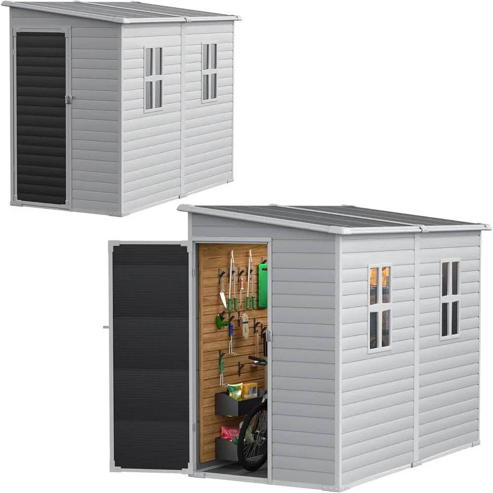 

4x8 Lean-to Shed with Floor, Waterproof Plastic Storage Cabinet for Outdoor Tools