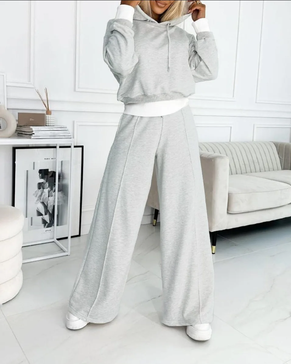 2023 Autumn Winter Long Sleeve Hoodie Sweatshirt and Drawstring Wide Leg Pants Casual Solid Color Tracksuit Women Two Piece Set