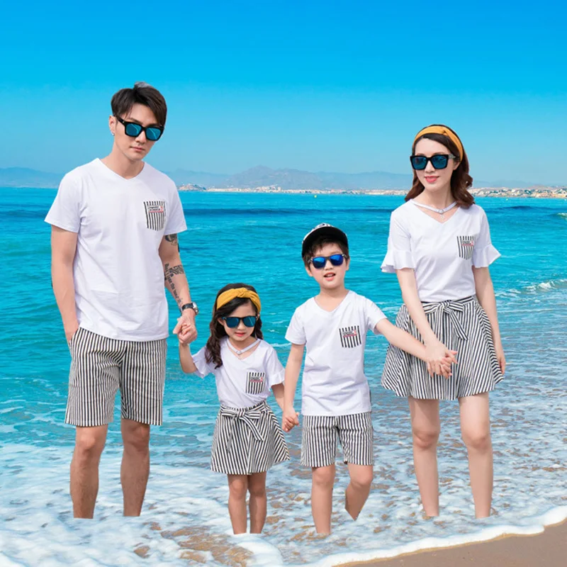 Family Matching Set Summer Mum Daughter Dad Son Cotton T-shirt &Shorts /Dress Couple Matching Outfits Adults Kids Clothing Set