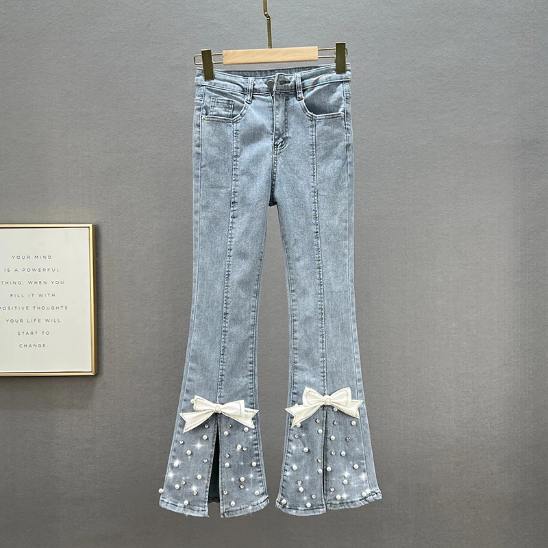 

Модные женские джинсы-клеш с высокой талией, облегающие, из хлопкового стрейч-денима, с декоративными узлами, длинные брюки для весны