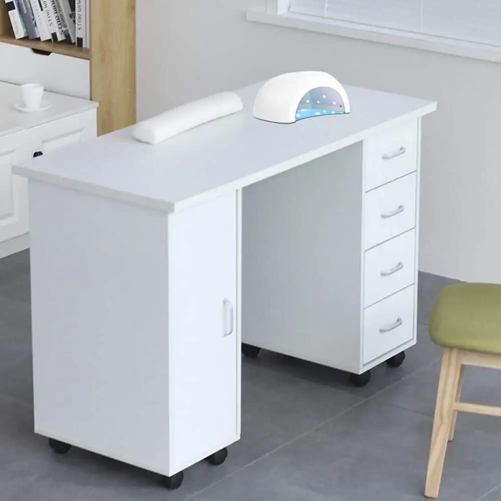 

Manicure Nail Table Station Spa Beauty Salon Wheel Desk with Door & 4 Drawers