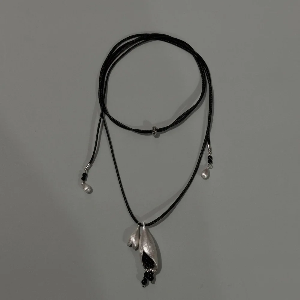 Wind Chime Pendant Necklace Copper Silver Plated Black Agate Beads Adjustable Nylon Rope Chain Minimalist Unisex Jewelry