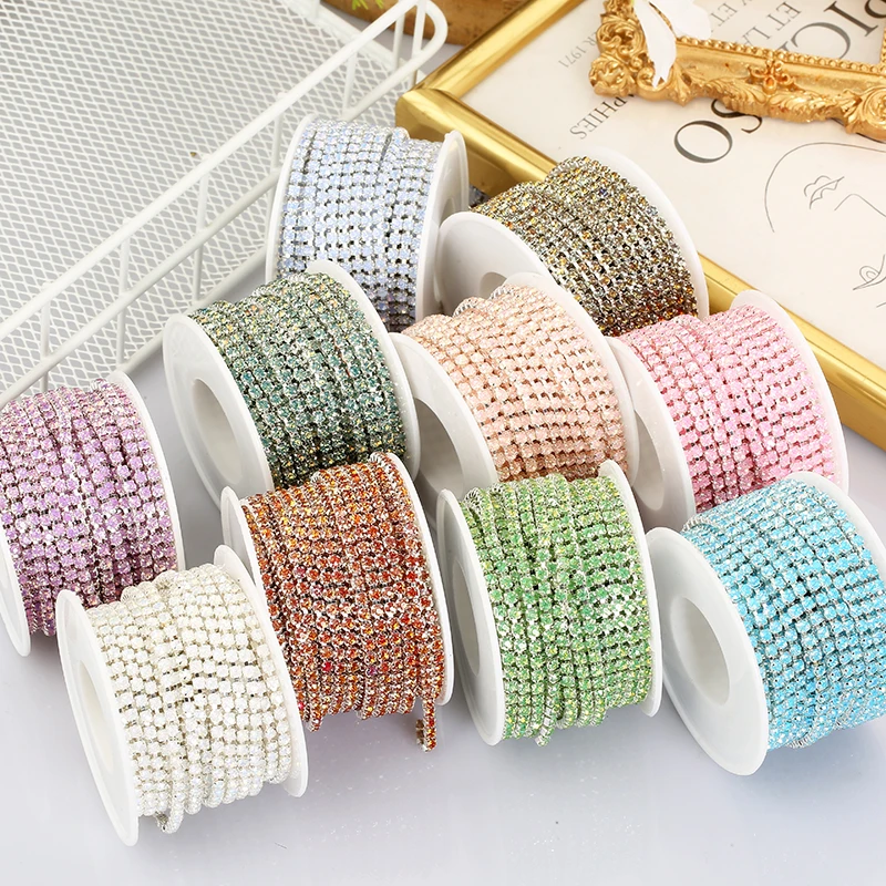 PEESOM 2mm/3mm Mocha Rhinestone Cup Chain with Sliver Claw  Glass Diamond  Sew On Trim for Needlework  Strass Cup Chain DIY