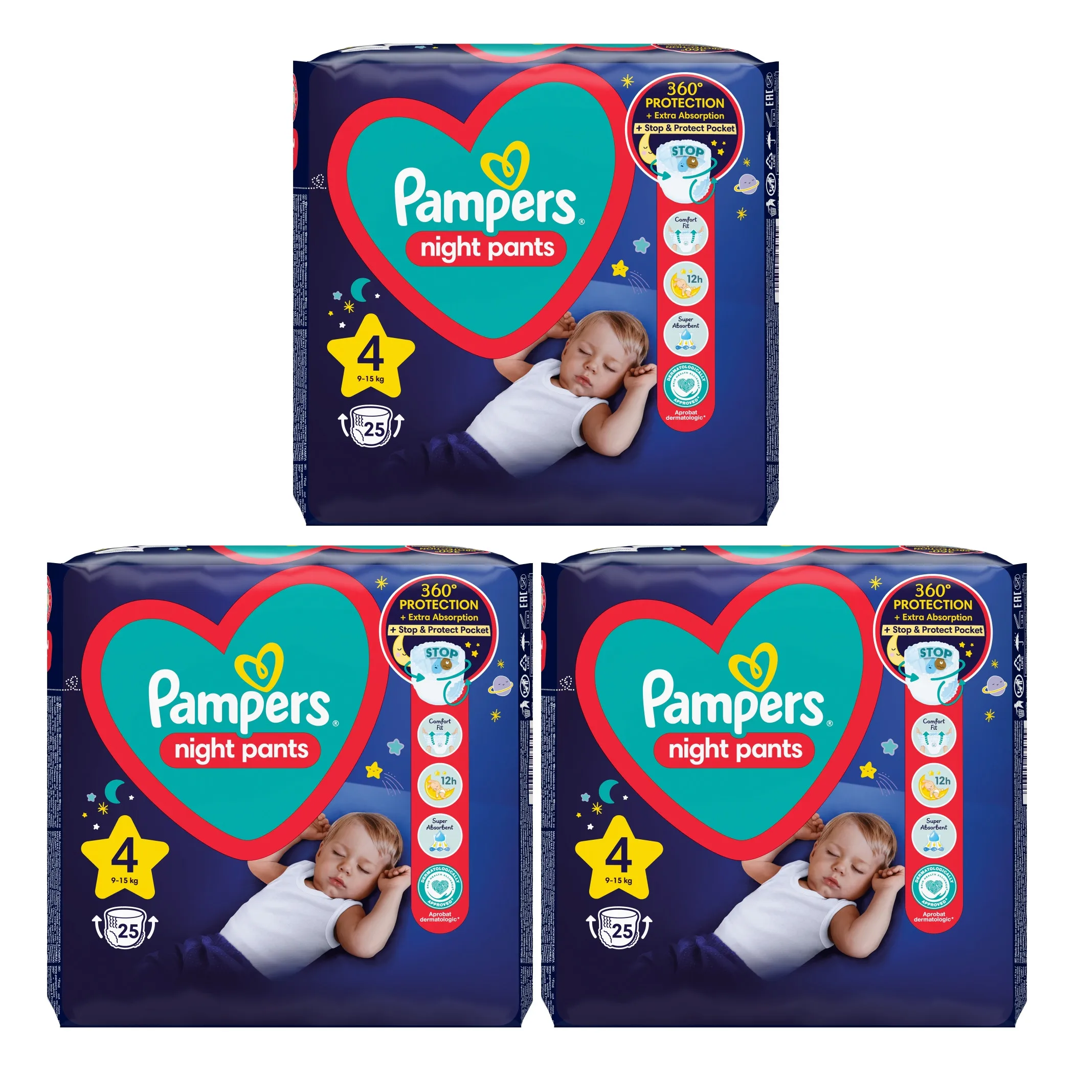 3x PAMPERS Night Pants size 4 (9-15 kg) 25 PCs