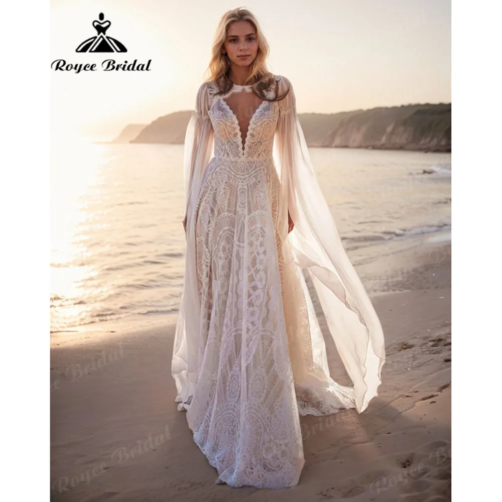 Elopement Hippie V-Ausschnitt Spitze Boho Bohemian Hochzeitskleid mit Umhang 2025, maßgeschneidertes rückenfreies Brautkleid Robe de Mariee Boheme