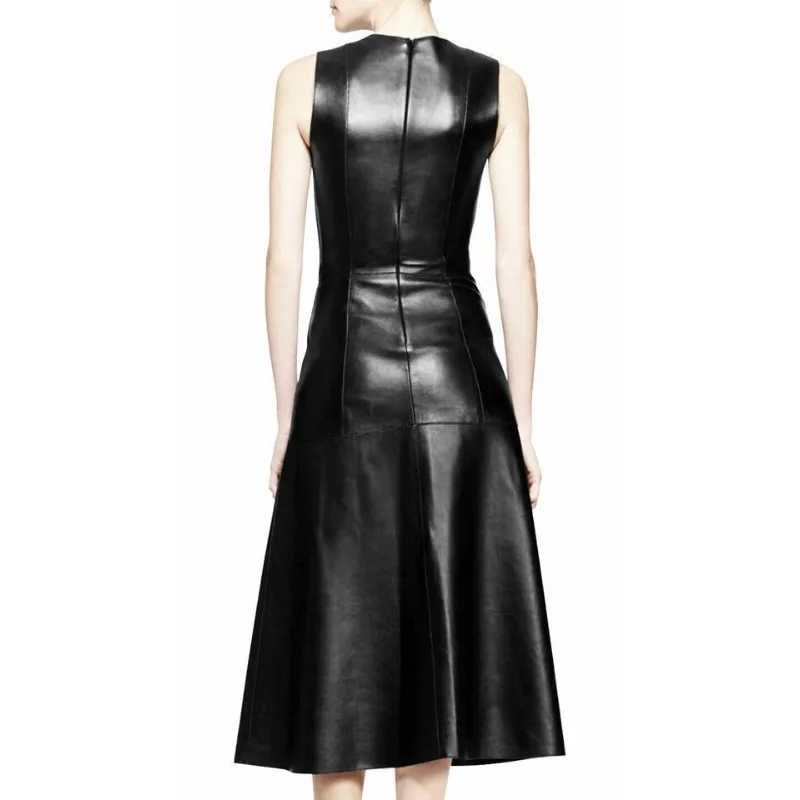 Women's Black Leather Dress Pure Sheepskin Fashion Party Club Clothing European and American Fashion Trends