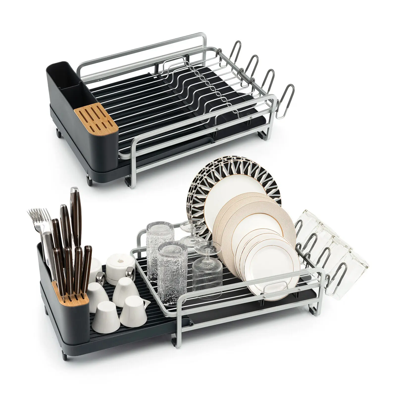 Costway Aluminum Expandable Dish Drying Rack w/ Drainboard & Rotatable Drainage Spout