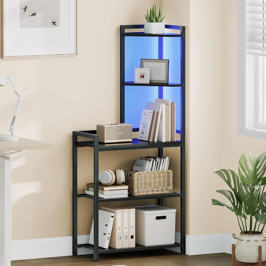 5Tier Corner Shelf Stand Corner Shelf with LED Light 56.3 Tall Corner Bookshelf Display Rack Storage Organizer with Table for S