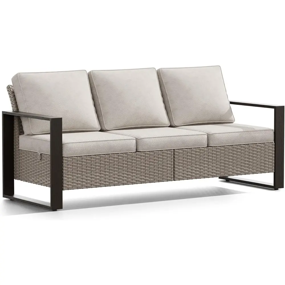 

3-Seater Beige Wicker Sofa with Cushions and Metal Armrests for Outdoor Spaces