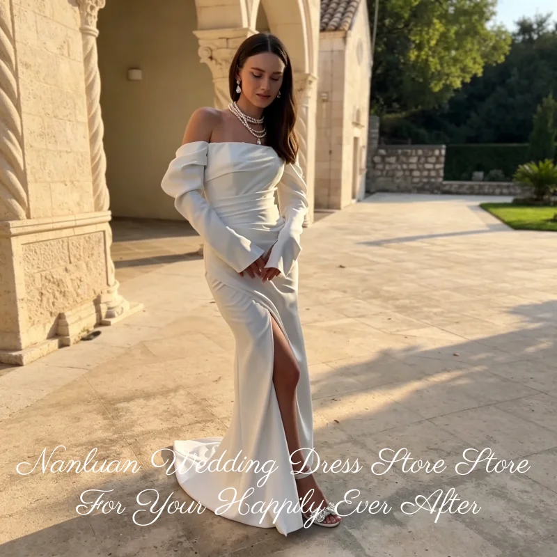 Slim Mermaid Crepe Wedding Dress Off Shoulder Long Sleeve Straight Neck High Thigh Front Slit Vestidos de Novia Customized