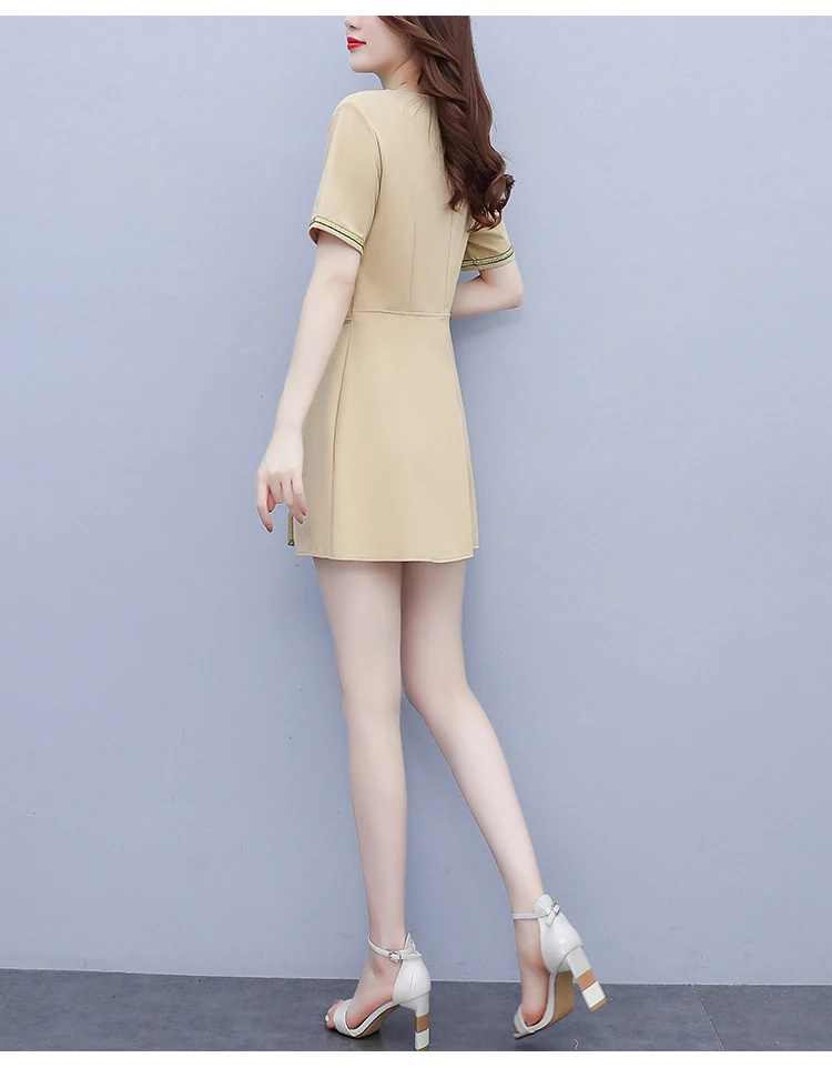 2024 Summer Women Retro OL Work Wear Clothing V neck Two Buttons Slim Waist Split Dress and Blazer Shorts 2pcs Set Outfits