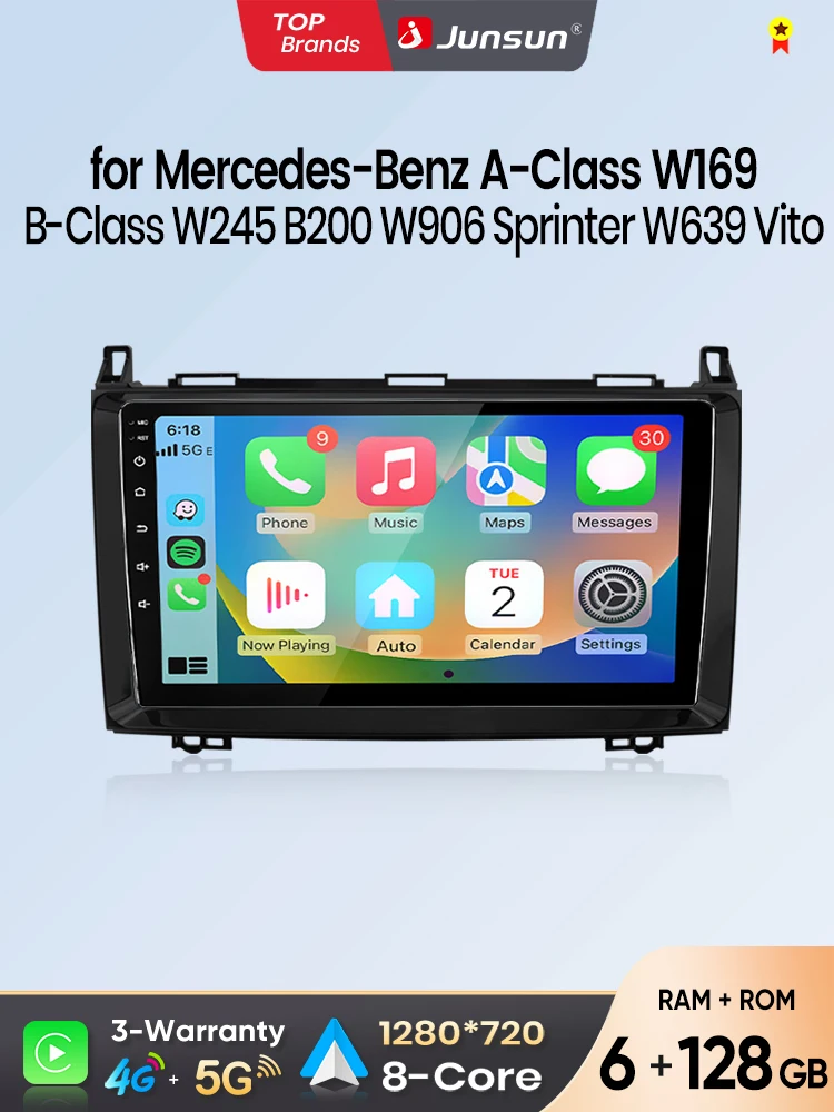 Junsun Android Auto autoradio voor Mercedes Benz W169 W245 B200 W906 Sprinter W639 Vito Multimedia draadloze CarPlay SWC GPS 2 Din - afbeelding 2