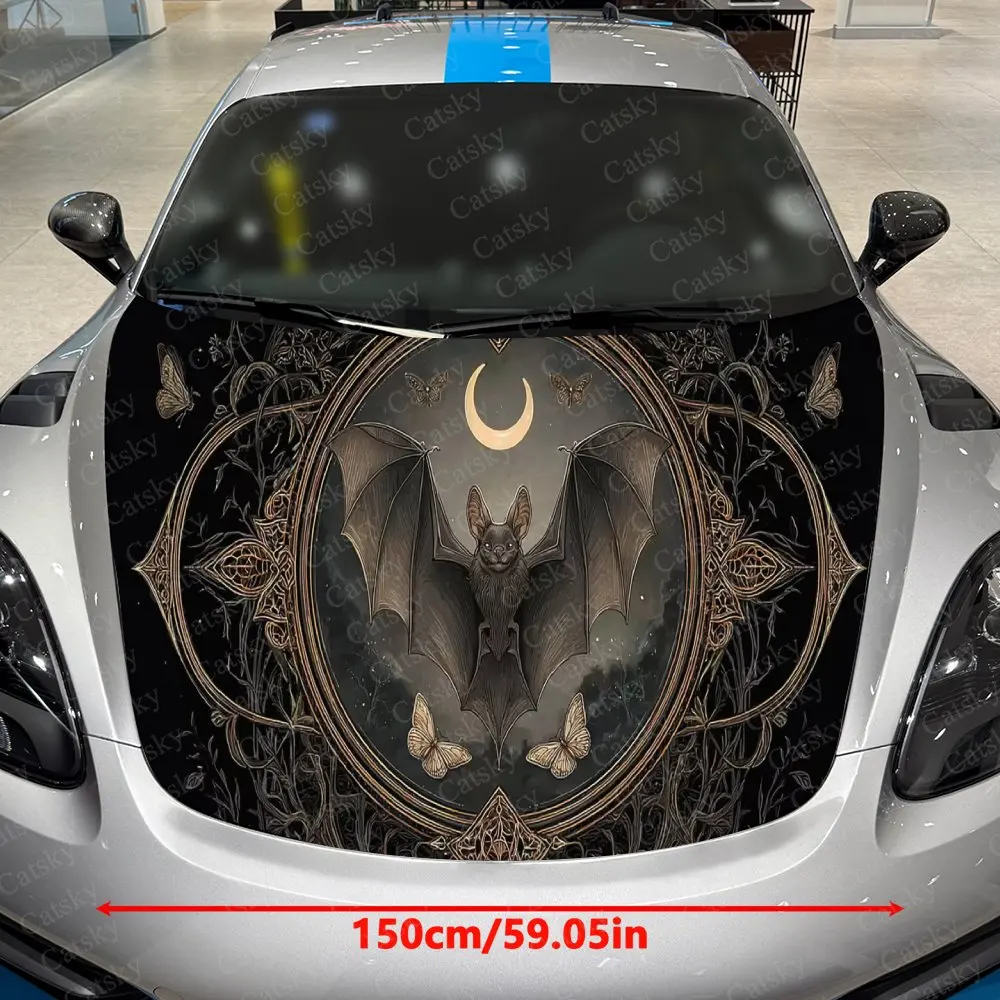 Moon Ring Bat with Gilded Butterflies Car Vinyl Wrap, PVC Waterproof Car Hood Sticker, Self-Adhesive Scratch-Resistant Stickers
