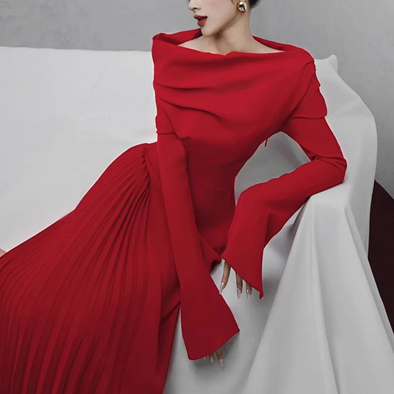 QMQA Fashion Women\'s Designer Dress Slash Neck Long Sleeve Pleated Slit High Waist Elegant Dresses 2025 Female Clothing 1A977
