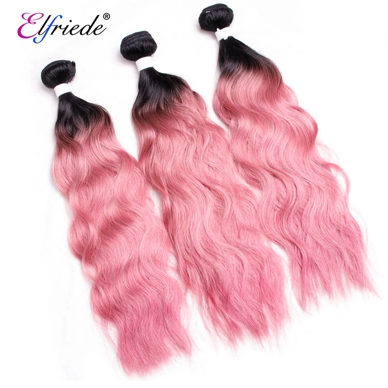 Elfriede #T1B/Rose Pink Natural Wave Ombre Colored Hair Bundles with Closure Human Hair Weaves 3 Bundles with Lace Closure 4x4