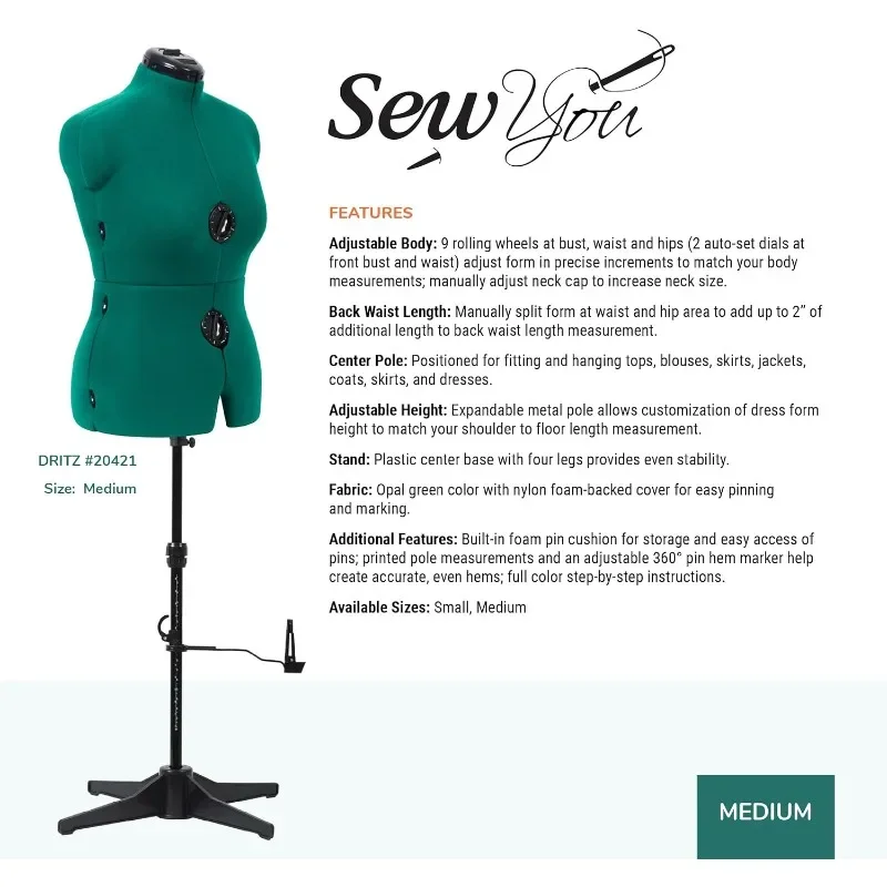 Sew You Adjustable Dress Form, Medium, Opal Green,NEW,FREE SHIPPING