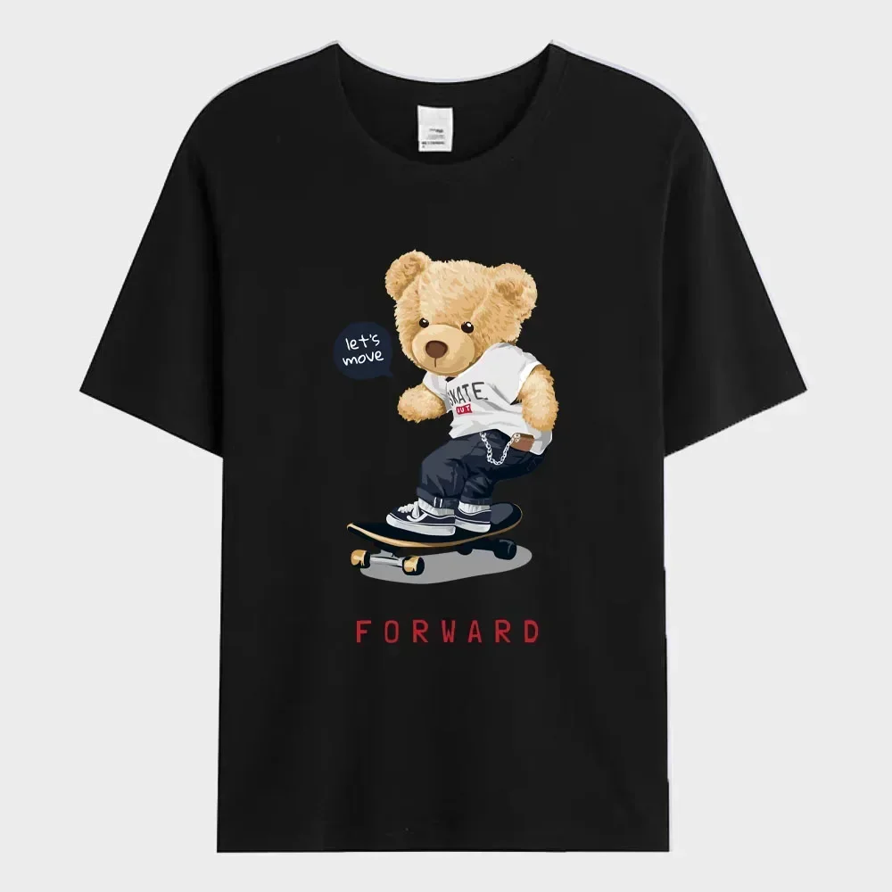 2024 Summer Men's T-Shirt Teddy Bear On A Skateboard Printed T-Shirt Casual Sports Short Sleeve Oversized Tee Shirt Men Clothes