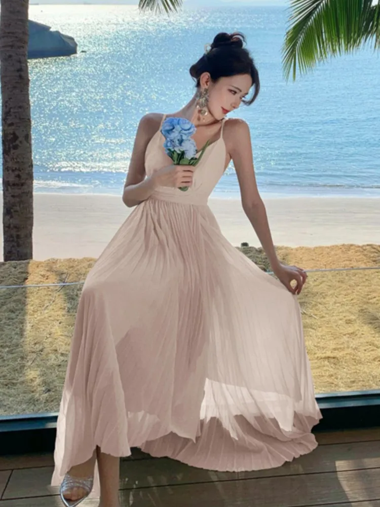 

Sexy Elegant Pleated Long Dress For Women Summer V-Neck Backless Holiday Beach Lace-up A-Line Dresses Female Vestidos 2025 New