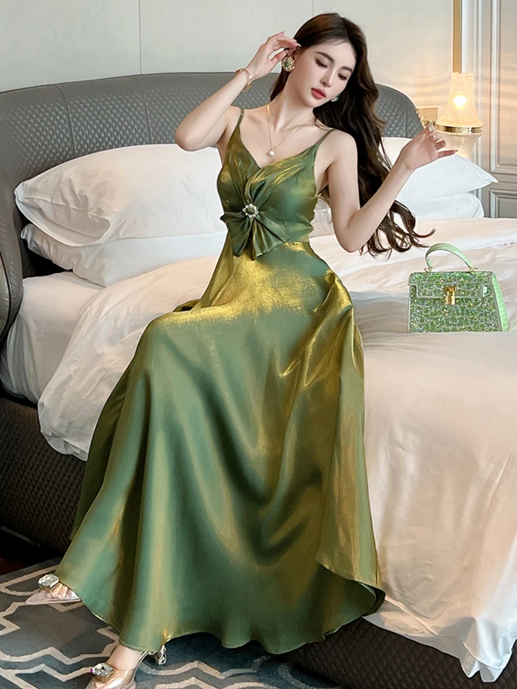 Celebrity Elegant Sexy Dresses Woman Shinny Green Strap Bow High Waist Long Gown Female Holiday Beach Robe Party Club Vestidos