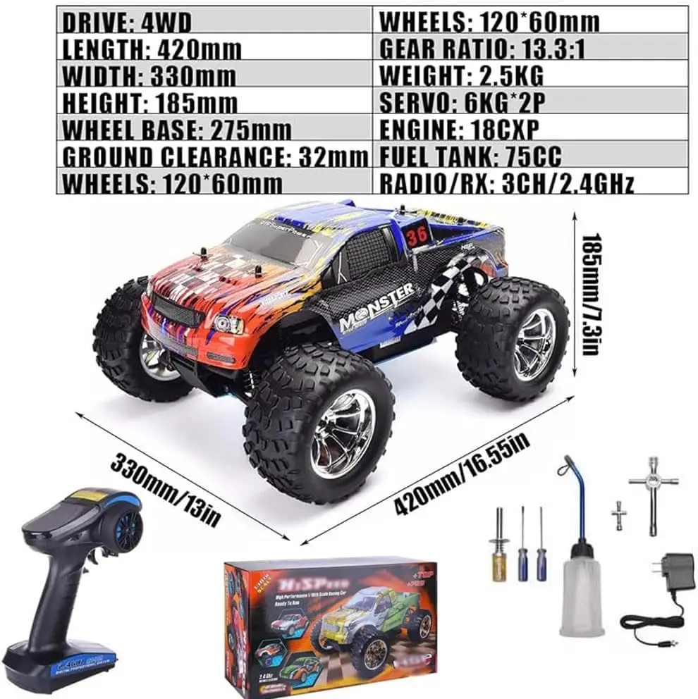 1/10 Scale Nitro RC Off-Road Buggy Truck, 4WD Gas-Powered Remote Control Car, 50 MPH High Speed Desert Racer, Ready-to-Run Hobby Grade Short Course Crawler for Adults with Gas Engine
