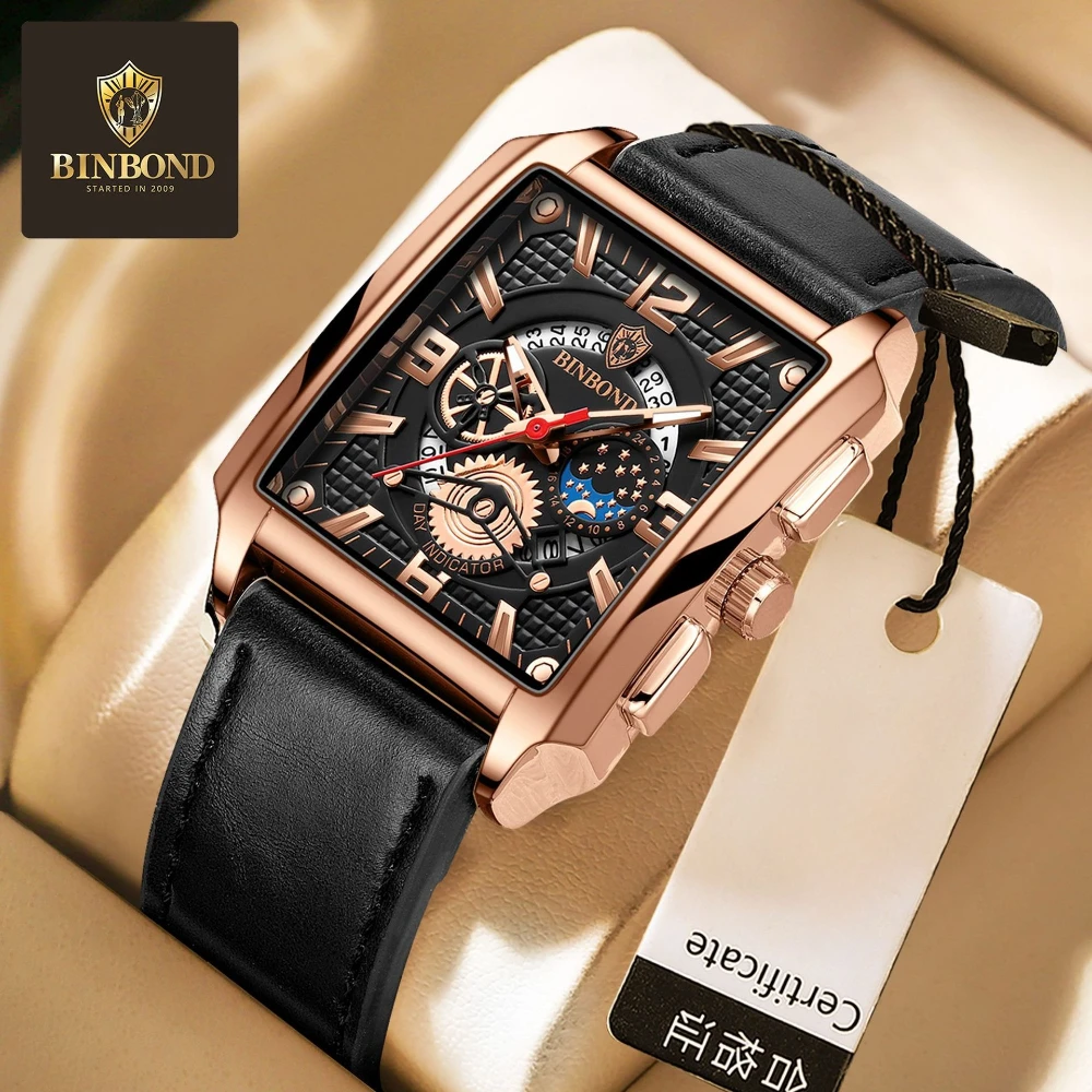 

BINBOND 6575 Brand Men Square Hollow Multifunctional Moon Phase Waterproof Calendar Quartz Watches for Man Relojes Para Hombres