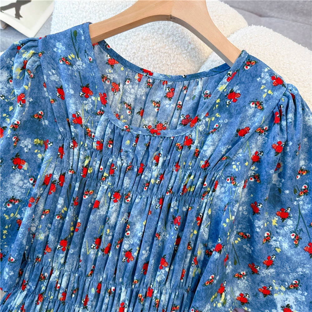 NYFS 2025 Sommer Neue Koreanische Blau blumen Frau Kleider Vestidos Robe Elbise Lose Plus Größe Kurzarm Hohe taille Langes Kleid