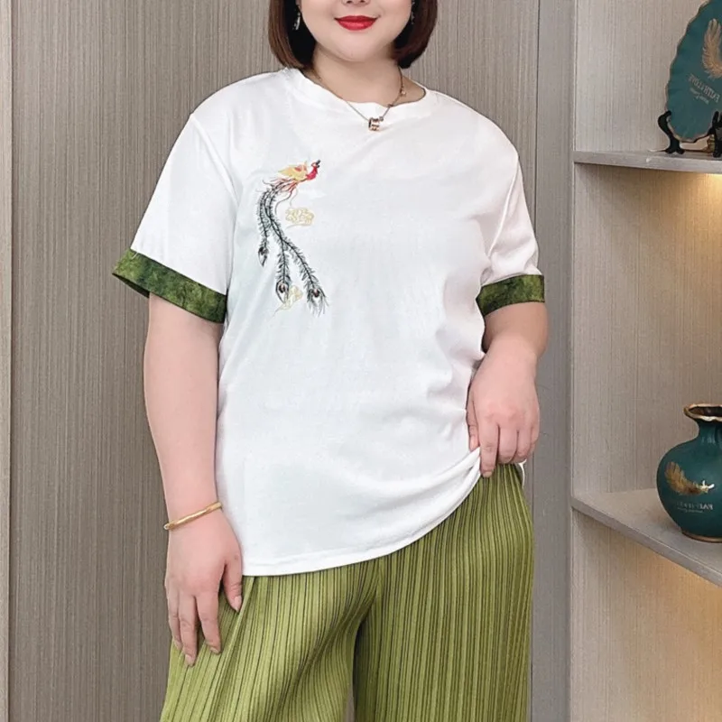 Ronde Hals Korte Mouw T-Shirt Vrouwen Zomer 2024 Nieuwe Plus Size Losse Dunne Casual Chinese Stijl Phoenix Borduurwerk Top