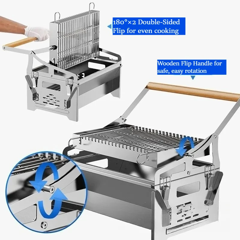 Detachable Flip Charcoal BBQ Grill Household Portable Outdoor Rotating Barbecue Rack