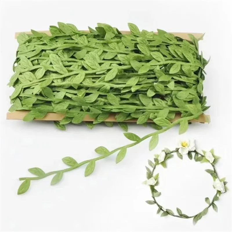 10m/roll Green Leaf Vine Artificial Plant Silk Leaves Rattan Gift Package Ribbon Scrapbook DIY Wreath Decor Wedding Party Supply