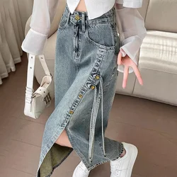 Fashion Side Tie Denim Skirt Ladies Women High Waist Harajuku Korean Style A-line Long Skirt For School Girl Casual Faldas