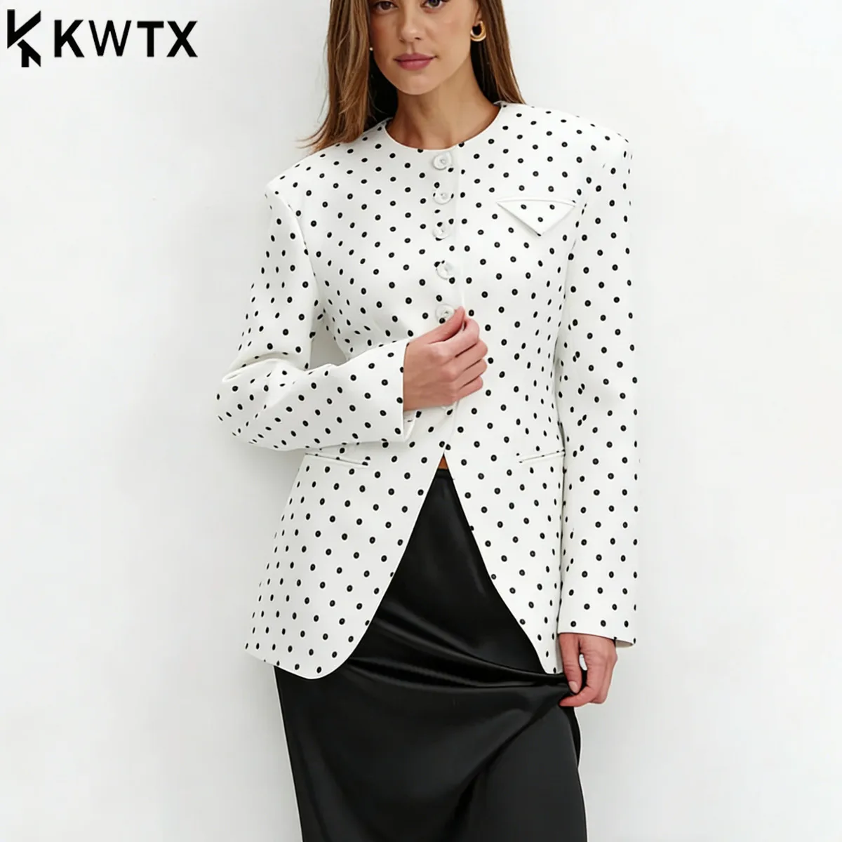 

KWTX Spring 2026 New Women’s Blazer Black White Polka Dot Slim Fit Belted Midi Office Casual Chic Elegant Designer Jacket